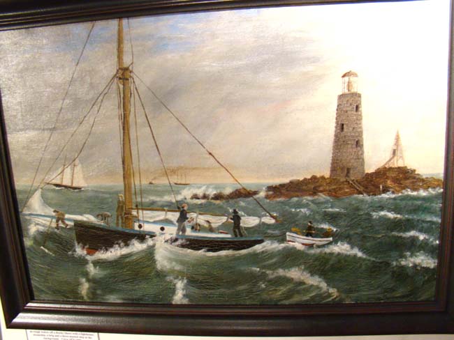 A 19th century oil on canvas depicting a sloop in rough water near a rocky shoreline with a lighthouse and other ships in the background.